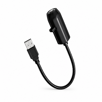 Black USB light with Halloween-themed designs on a white background