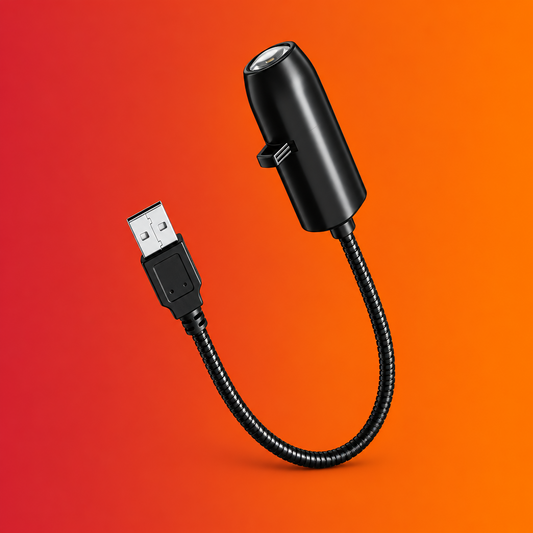 A black USB car adapter cable with a USB-A connector and a cylindrical plug, shown on a solid bright orange background.
