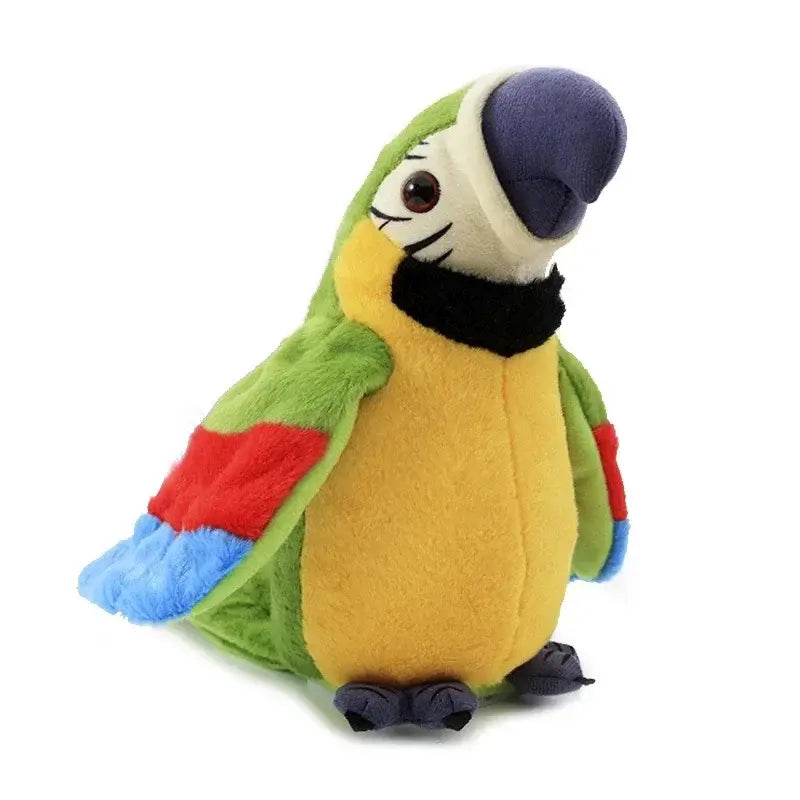 Colorful stuffed macaw parrot plush toy with green, yellow, and blue details, features animated speaking function.