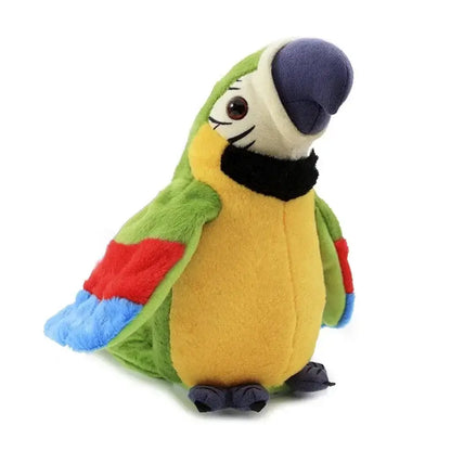 Colorful stuffed macaw parrot plush toy with green, yellow, and blue details, features animated speaking function.