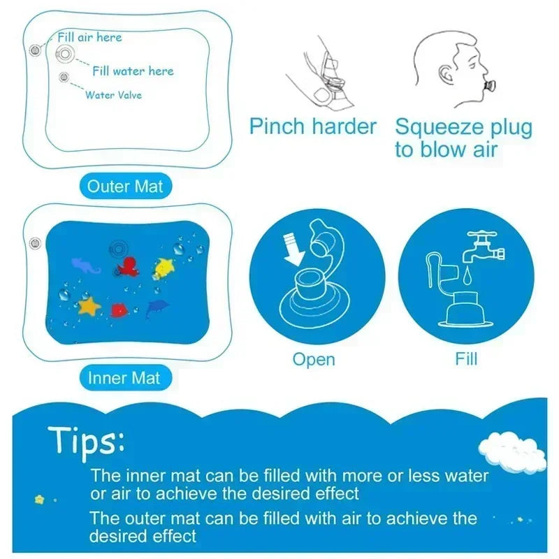 Inflatable baby water play mat with colorful fish and instructions for filling air and water, designed for tummy time.