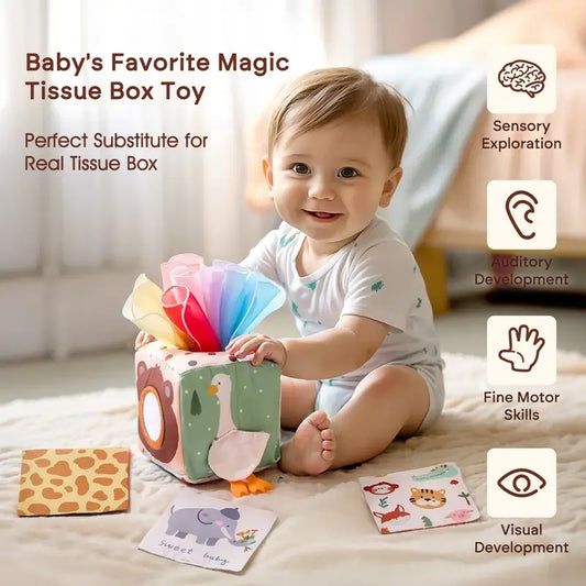 Colorful cloth tissue box toy with animal designs, featuring fabric tissues and educational cards, used by a smiling baby.