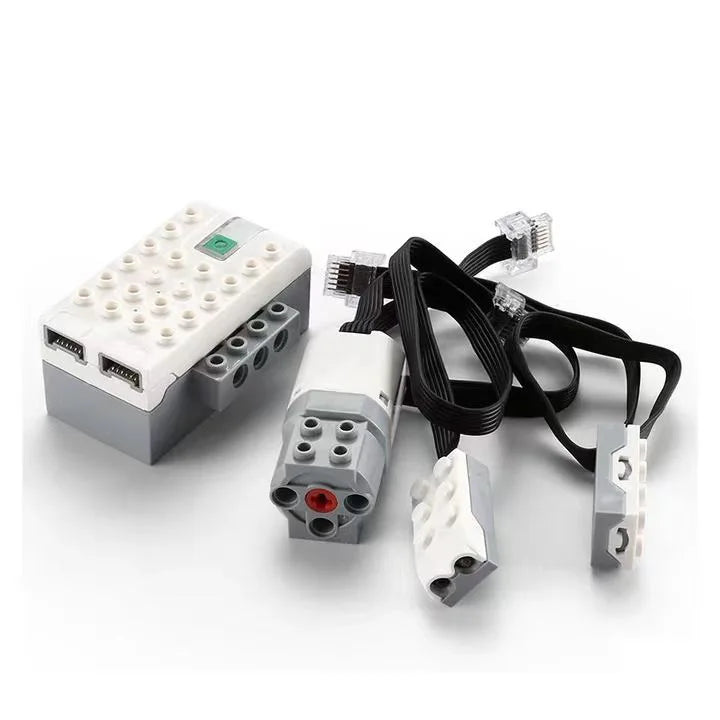 WeDo 2.0 robotics motor set with connectors and cables, featuring a white and gray design, suitable for educational play.