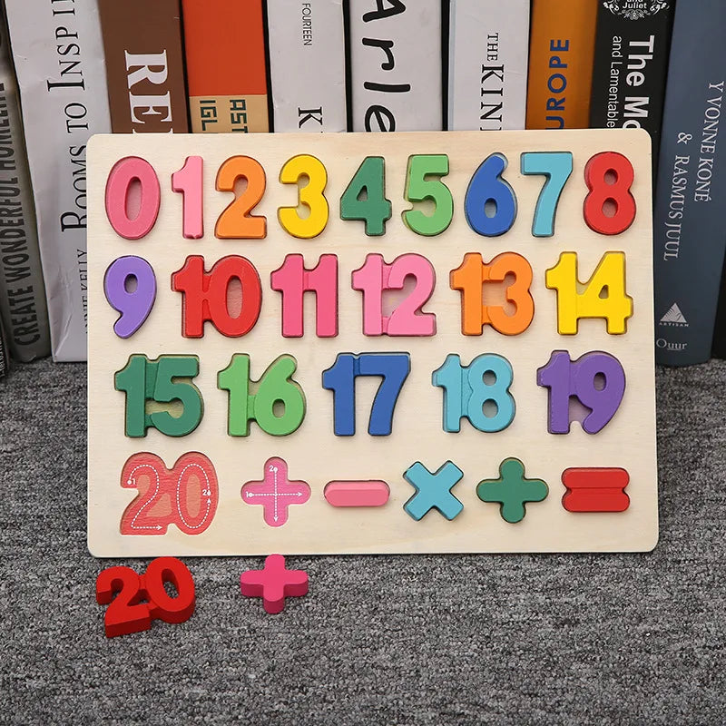 Colorful wooden number puzzle with numbers 0-20 and symbols on a light wood board, suitable for toddlers.