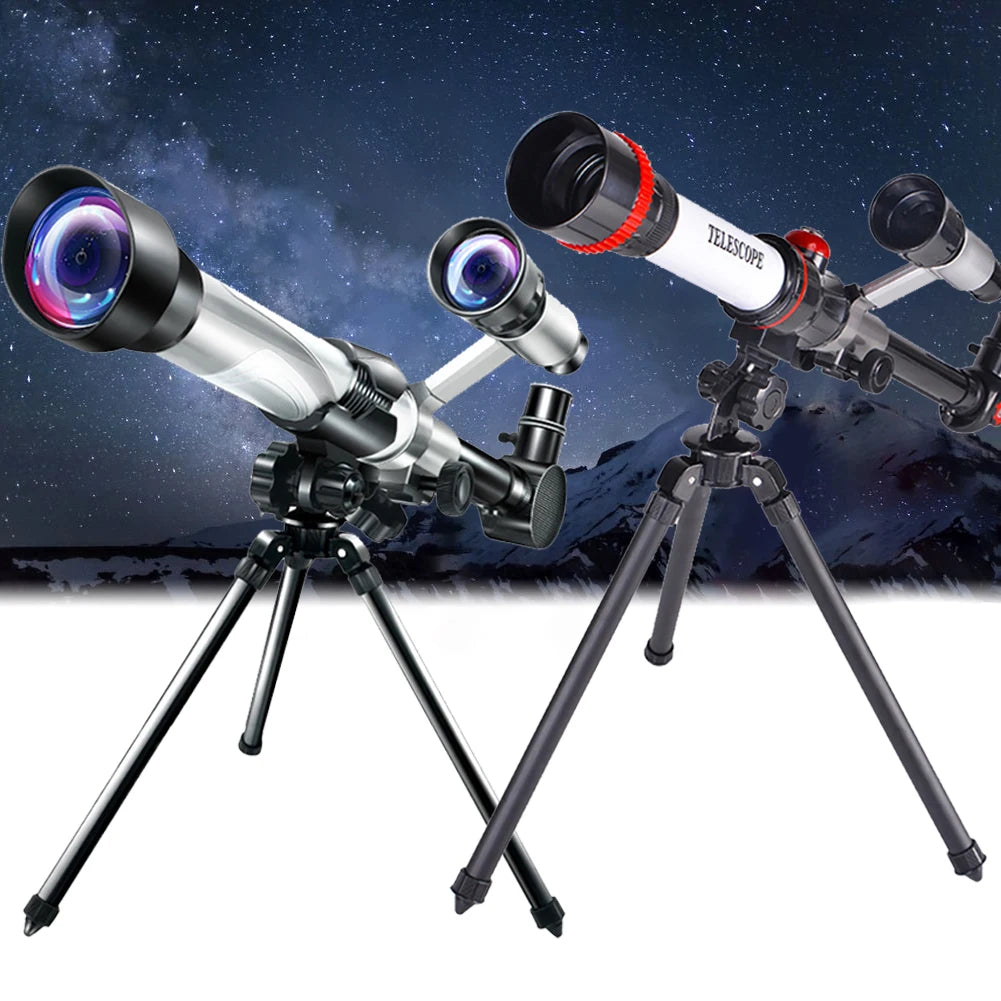 Powerful astronomical telescope with multiple lenses on a tripod, set against a starry night sky.