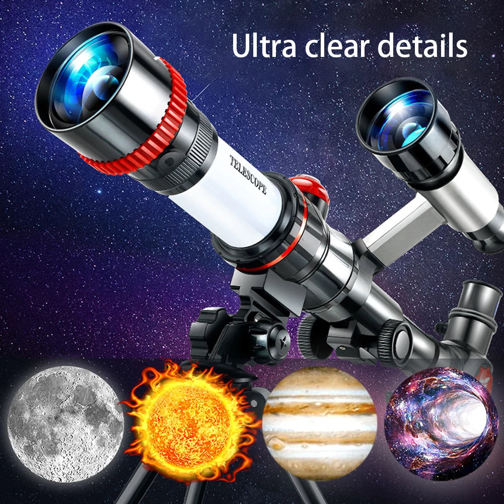 Powerful astronomical telescope with red accents, showing images of the moon, sun, Jupiter, and galaxies.