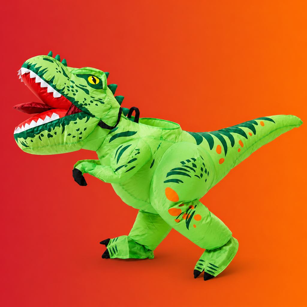 A bright green inflatable T-rex dinosaur costume with orange spots, black details, and an open red mouth, shown on a plain white background.