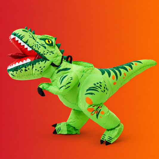 A bright green inflatable T-rex dinosaur costume with orange spots, black details, and an open red mouth, shown on a plain white background.