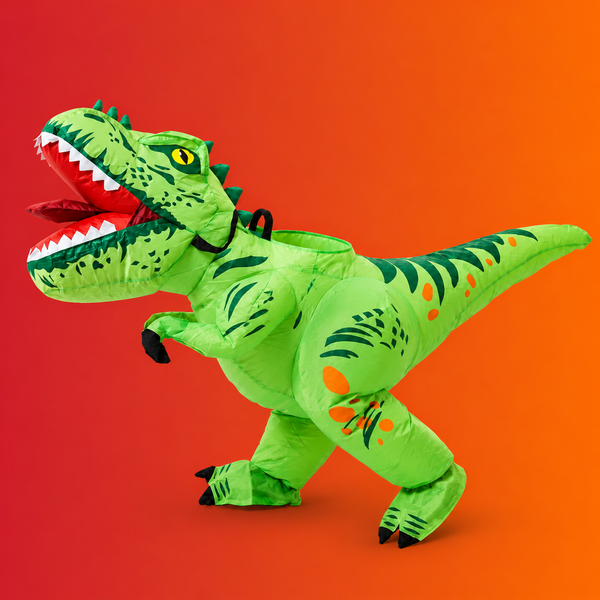 A bright green inflatable T-rex dinosaur costume with orange spots, black details, and an open red mouth, shown on a plain white background.