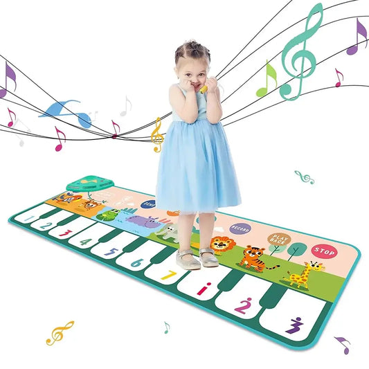 Colorful musical piano mat with animal illustrations, a child in a blue dress stands on it, musical notes above.