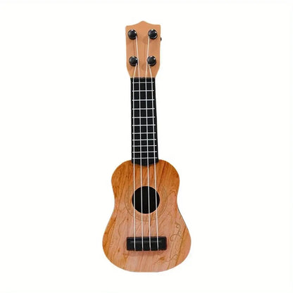 Mini classical ukulele guitar toy in brown with four strings and a smooth wooden finish, designed for kids.