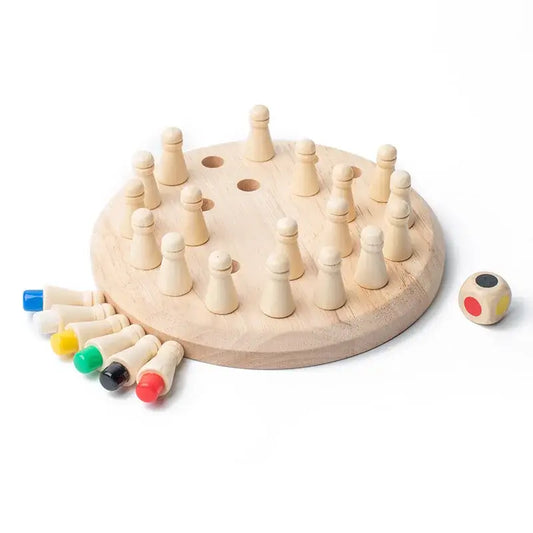 Round wooden game board with 16 pegs in a circular arrangement, colorful pegs in red, yellow, green, blue, and black.