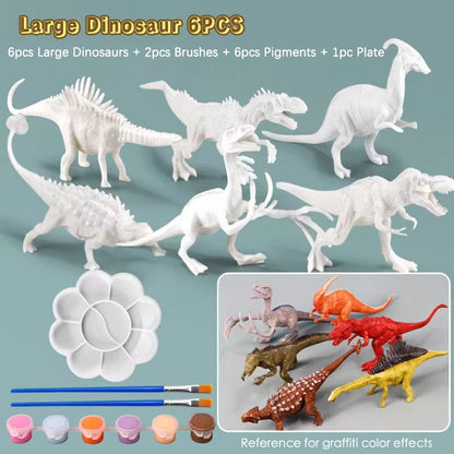 Six unpainted dinosaur models in various poses, two paintbrushes, a palette, and six paint pots in pastel colors.