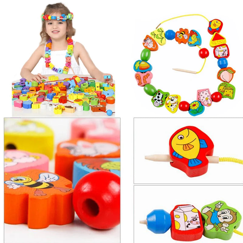 Colorful wooden beads in various shapes and designs, including fruits and animals, with a threading tool.