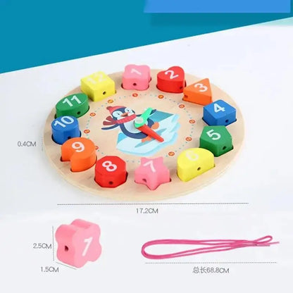 Wooden number puzzle with colorful shapes and a clock face featuring a penguin design, includes a pink string.