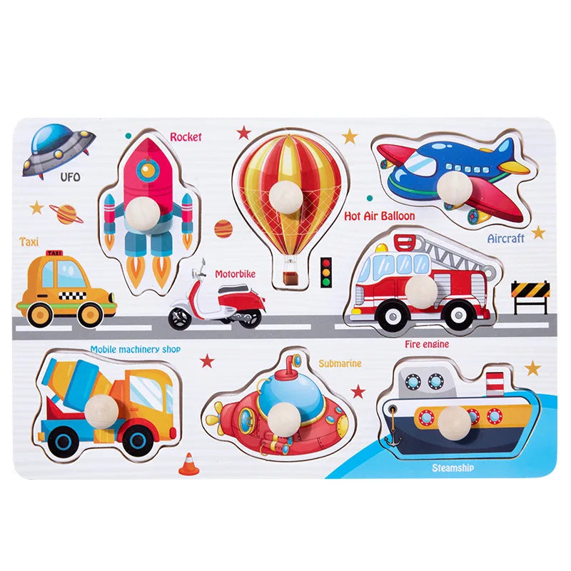 Wooden puzzle board featuring colorful vehicles like a rocket, taxi, and submarine with knobs for easy handling.