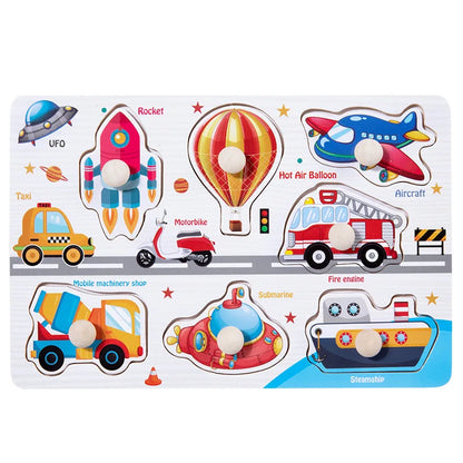 Wooden puzzle board featuring colorful vehicles like a rocket, taxi, and submarine with knobs for easy handling.