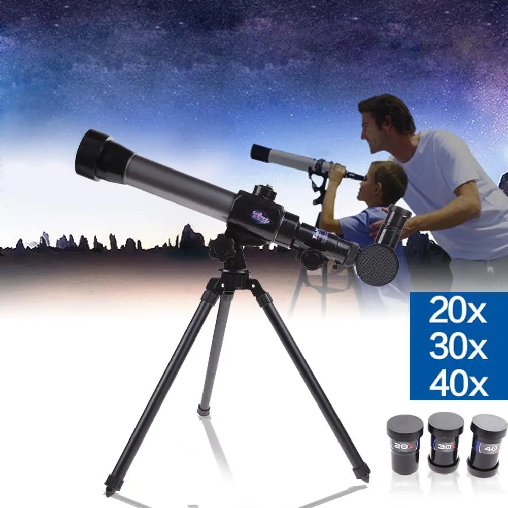 Black astronomical telescope on a tripod with three interchangeable lenses labeled 20x, 30x, and 40x.