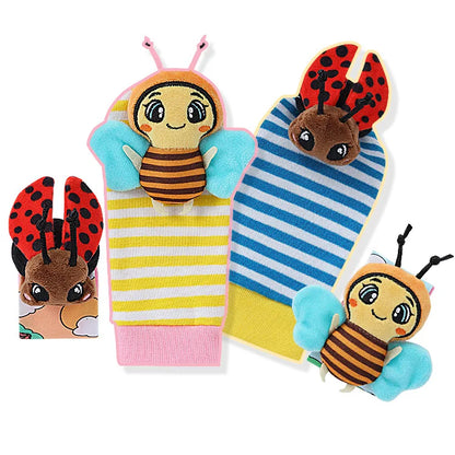 Four colorful baby wrist rattles with animal designs, including a bee and ladybug, featuring soft textures and bright colors.