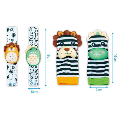 Four baby wrist rattles and socks featuring animal designs, including a lion, frog, and patterned stripes.