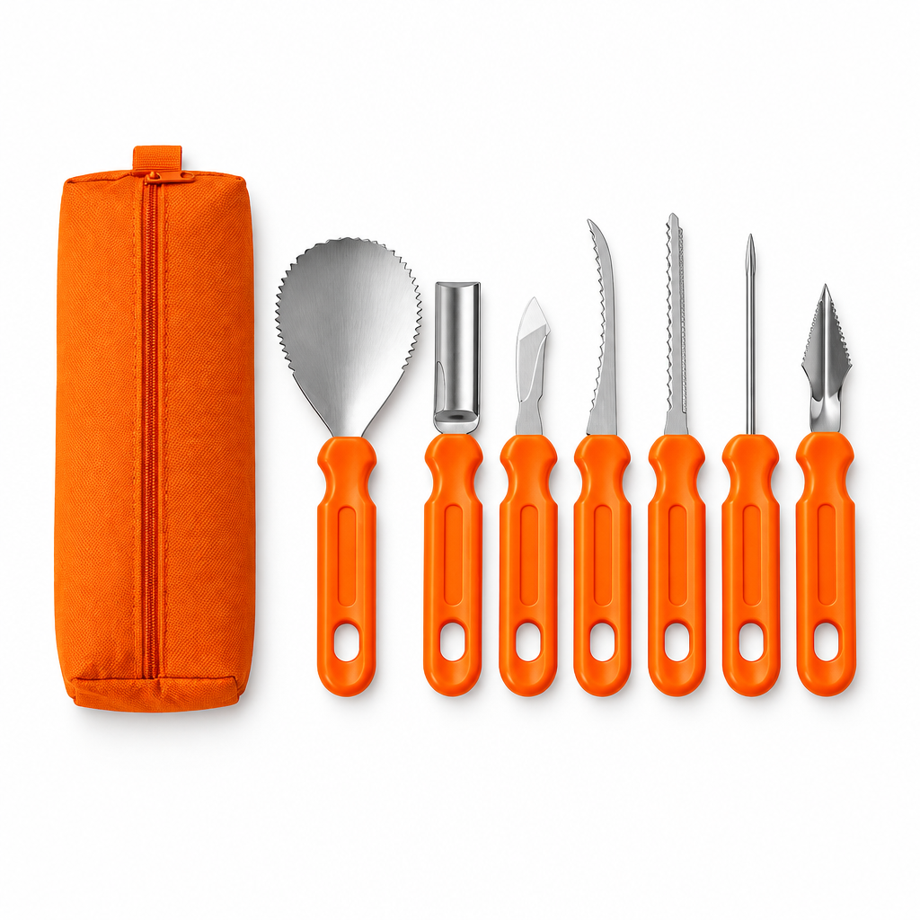 A 9-piece pumpkin carving and peeling tool set with bright orange handles and stainless steel blades, shown alongside an orange zippered carrying pouch. Two inset photos at the bottom demonstrate the tools in use on a pumpkin.