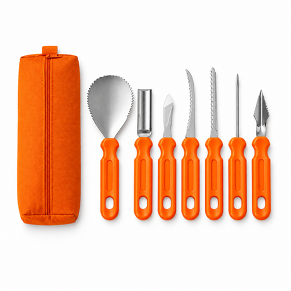 A 9-piece pumpkin carving and peeling tool set with bright orange handles and stainless steel blades, shown alongside an orange zippered carrying pouch. Two inset photos at the bottom demonstrate the tools in use on a pumpkin.