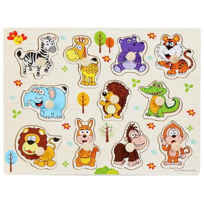 Wooden puzzle board featuring colorful animal shapes with knobs for toddlers, includes zebra, giraffe, hippo, and more.