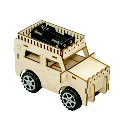 Wooden jeep toy with black wheels and a detailed roof, designed for DIY assembly and educational play.