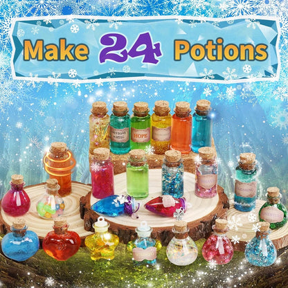 Colorful potion bottles in various shapes and sizes, with cork stoppers, arranged on a wooden display, surrounded by
