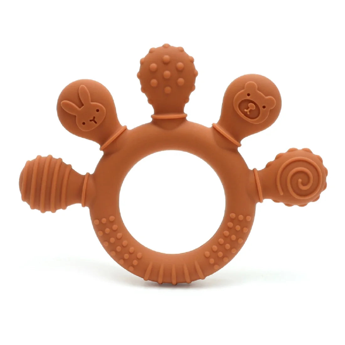 Orange silicone baby teether with textured surfaces and animal shapes for sensory gum relief.