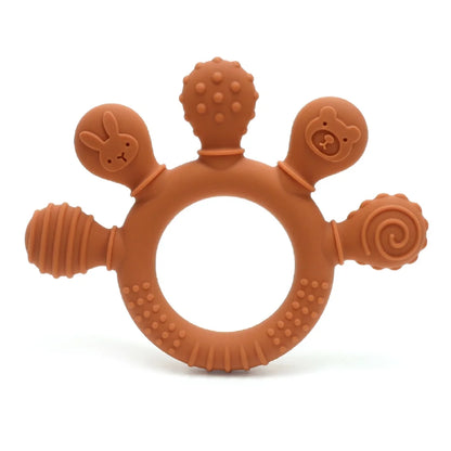 Orange silicone baby teether with textured surfaces and animal shapes for sensory gum relief.