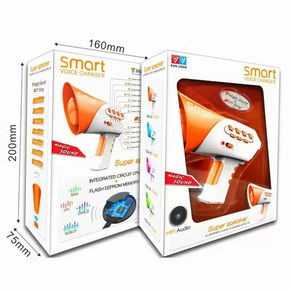 Orange and white voice changer megaphone toy in packaging, featuring buttons and sound effects, labeled with 'Smart Voice
