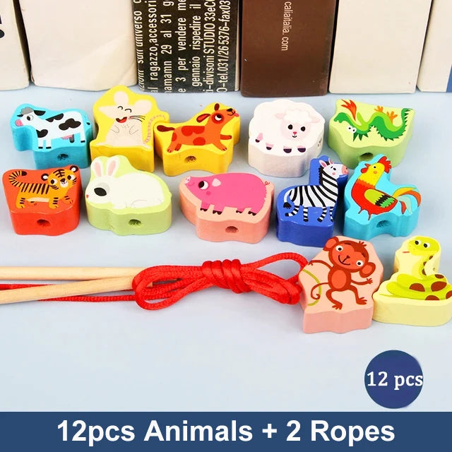 Colorful wooden animal beads in various shapes, with two red threading ropes, suitable for kids' educational play.