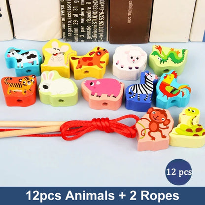 Colorful wooden animal beads in various shapes, with two red threading ropes, suitable for kids' educational play.