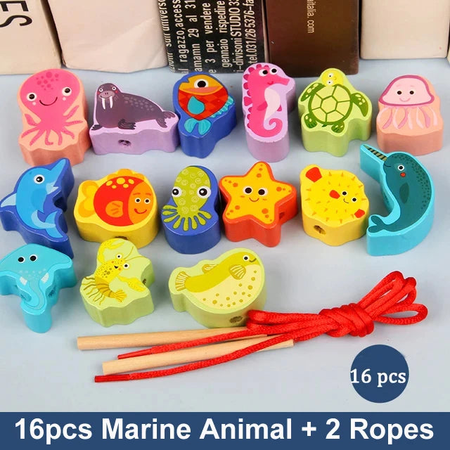 16 marine-themed wooden beads including sea creatures and two red threading ropes for kids' DIY activities
