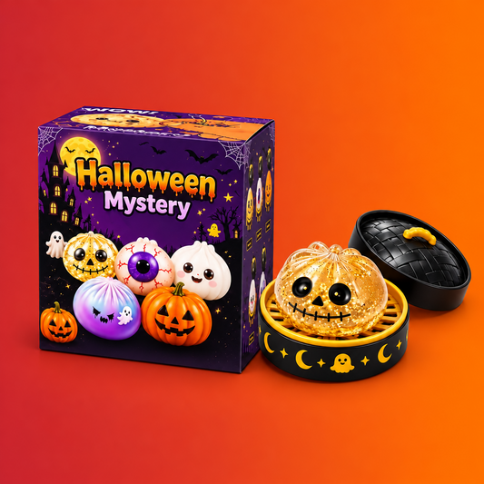 Halloween-themed mystery toy set with a purple illustrated box, a black round base holding a glittery gold jack-o'-lantern character, and a matching black lid on a white studio background.