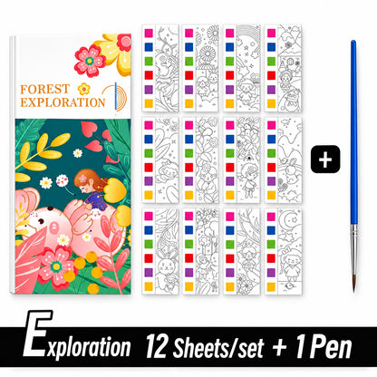 Colorful watercolor painting book titled 'Forest Exploration' with 12 illustrated sheets and a blue paintbrush.