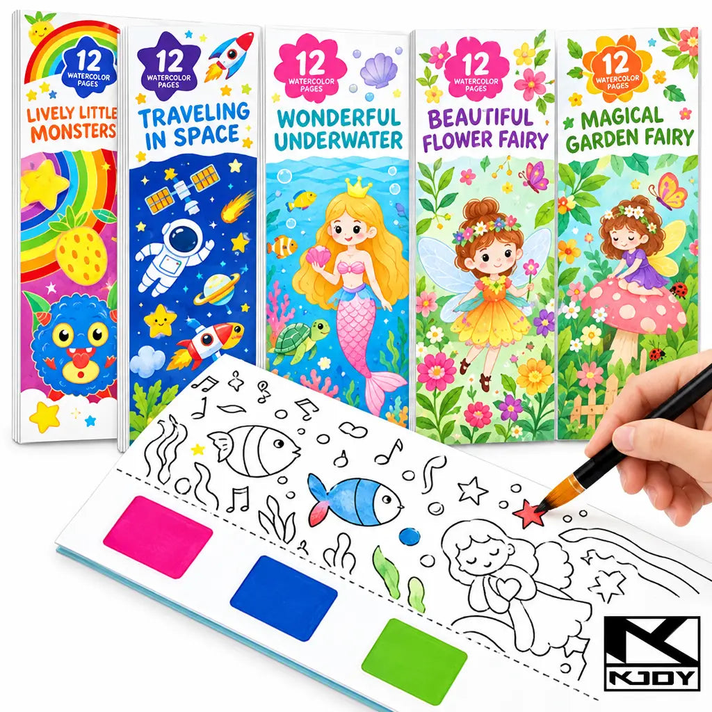 Set of 12 watercolor painting sheets featuring colorful designs like monsters, underwater scenes, and fairies with a
