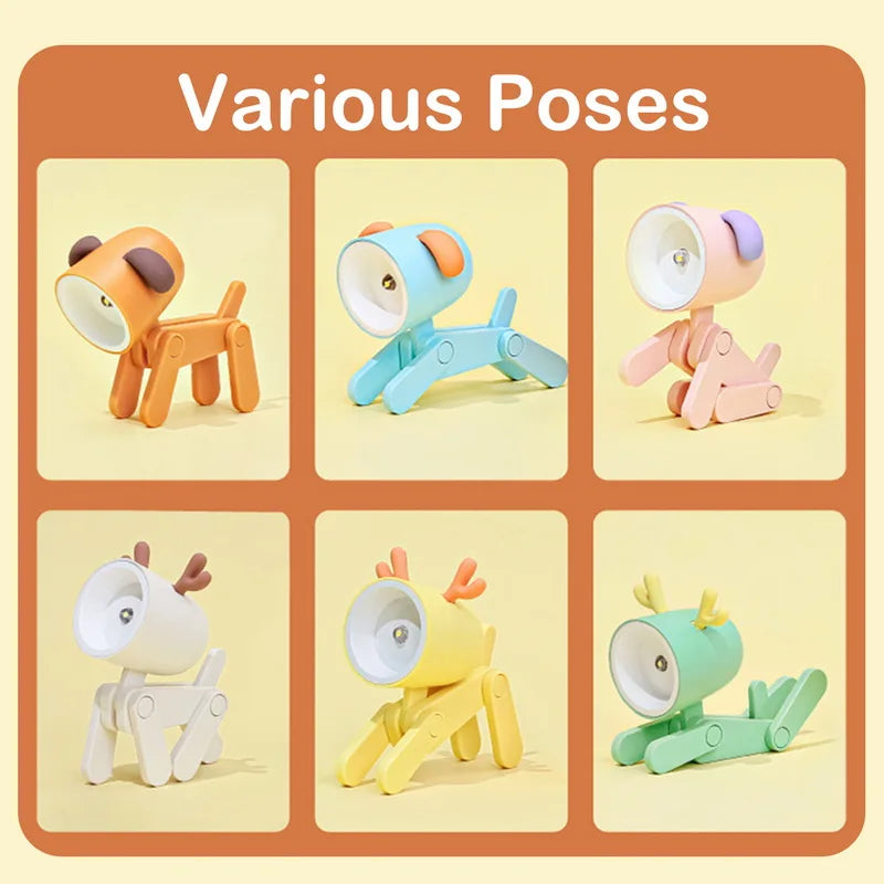 Mini Led Night Lights Folding Desk Lamp Cartoon Cute Pet Dog Deer Shape Nightlights Adjustable Kids Bedroom Bedside Decor Gift