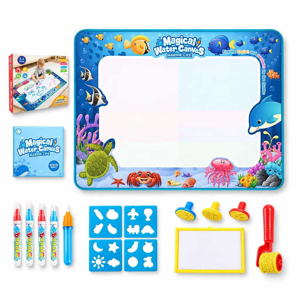 Magic water drawing mat with colorful underwater theme, reusable pens, and various stencils for kids' doodling.
