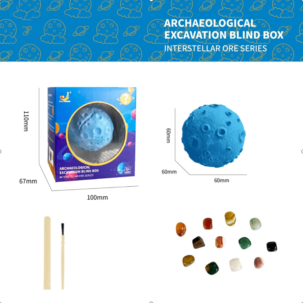Blue excavation blind box with a moon-like surface, wooden tools, and colorful gem pieces displayed around it.