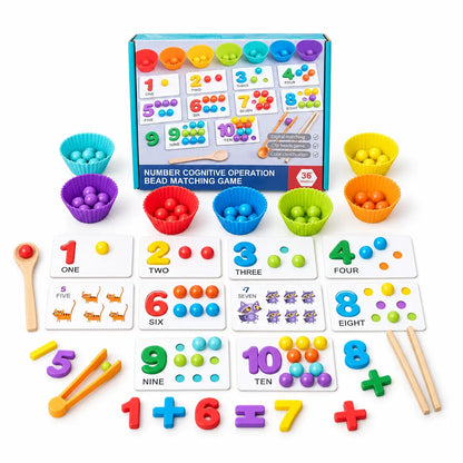 Educational number matching game with colorful beads and cards on a wooden surface