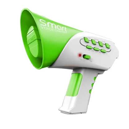 Green electric megaphone with voice changer buttons, designed as a children's toy.