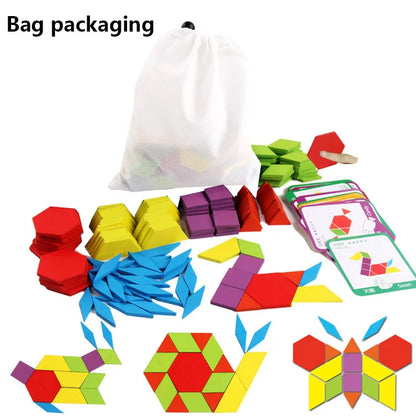 Colorful wooden geometric pattern blocks in red, yellow, green, and blue, with a drawstring bag and instruction cards.