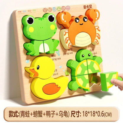 Wooden puzzle board featuring colorful animal shapes: frog, crab, duck, turtle, with a hand placing a piece.