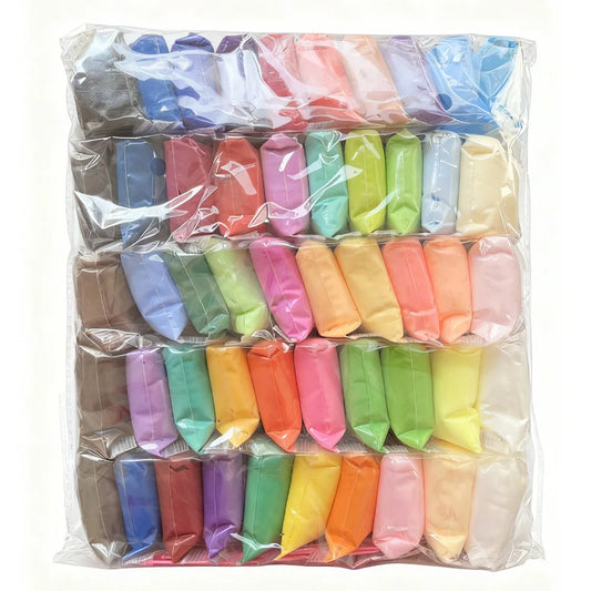 Colorful air-dry clay packs in a clear plastic bag, featuring various shades including pink, blue, green, and yellow.