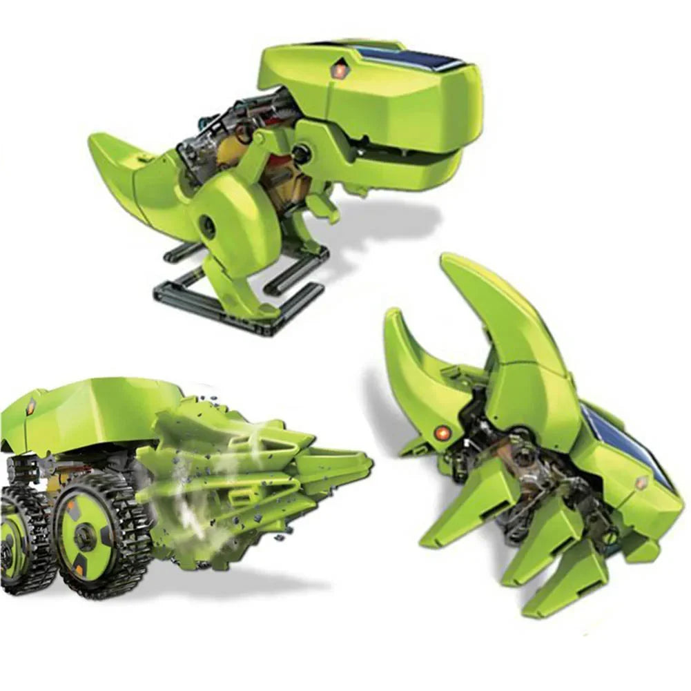 Three green solar-powered robot toys in different configurations, showcasing a dinosaur, a vehicle, and a crab design.