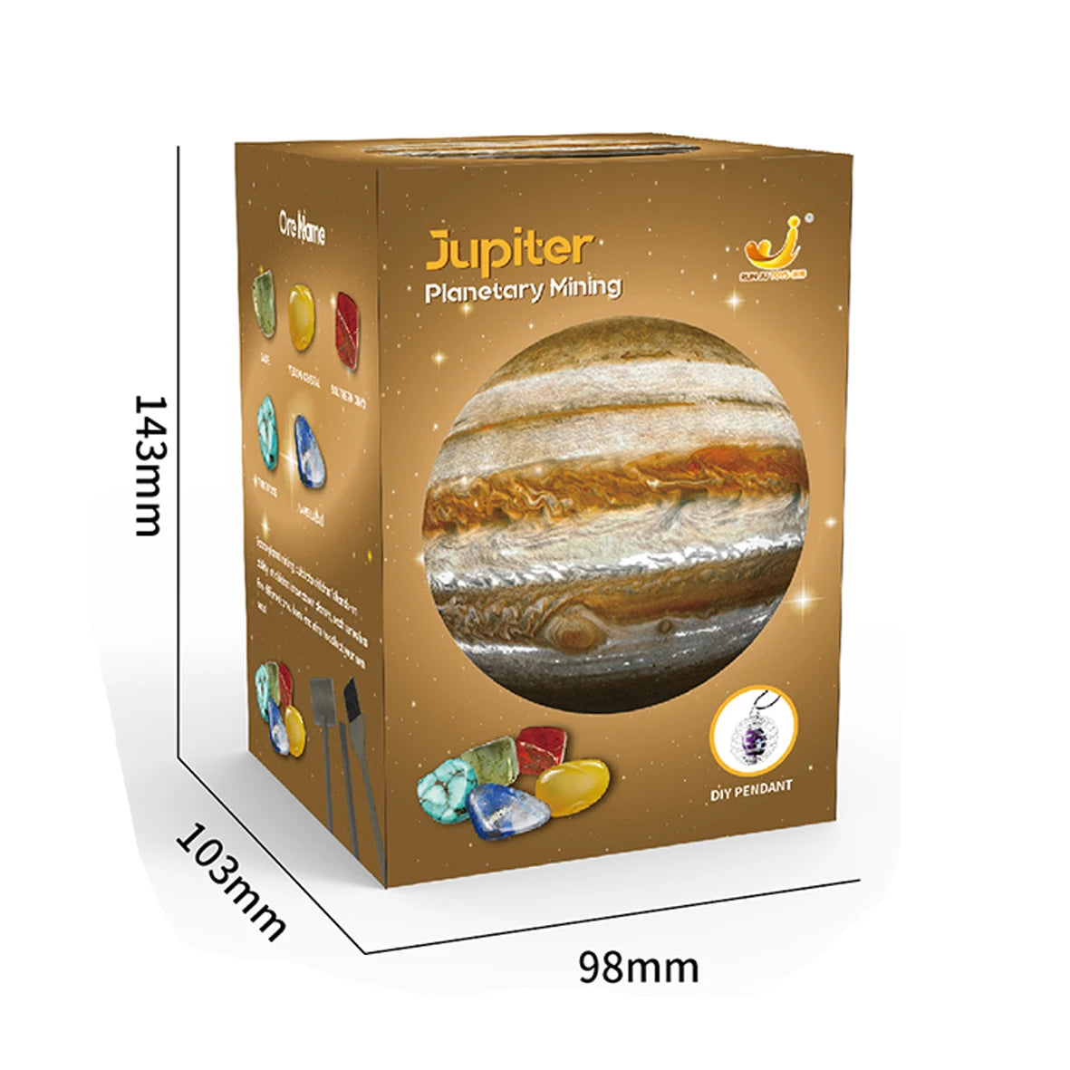 Box for Jupiter planetary mining toy featuring colorful gems and a planet image, labeled with dimensions.