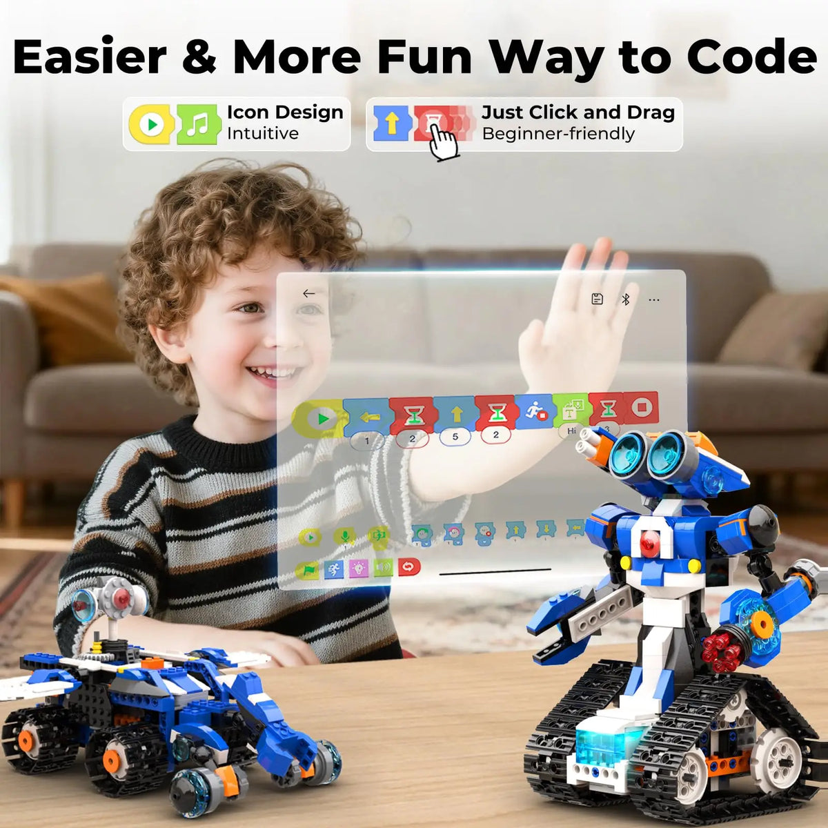 A boy in a striped shirt interacts with a coding interface while a blue and white robot toy is nearby on a wooden surface.