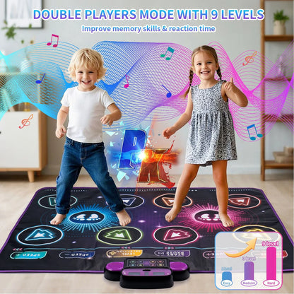 Colorful electronic dance mat with game controls, two children dancing, musical notes in background, interactive design.